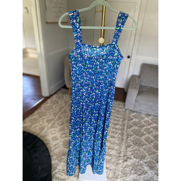 LOFT Blue Floral Smocked Maxi Dress Cottagecore Romantic Garden XS Wedding Party - Picture 3 of 8